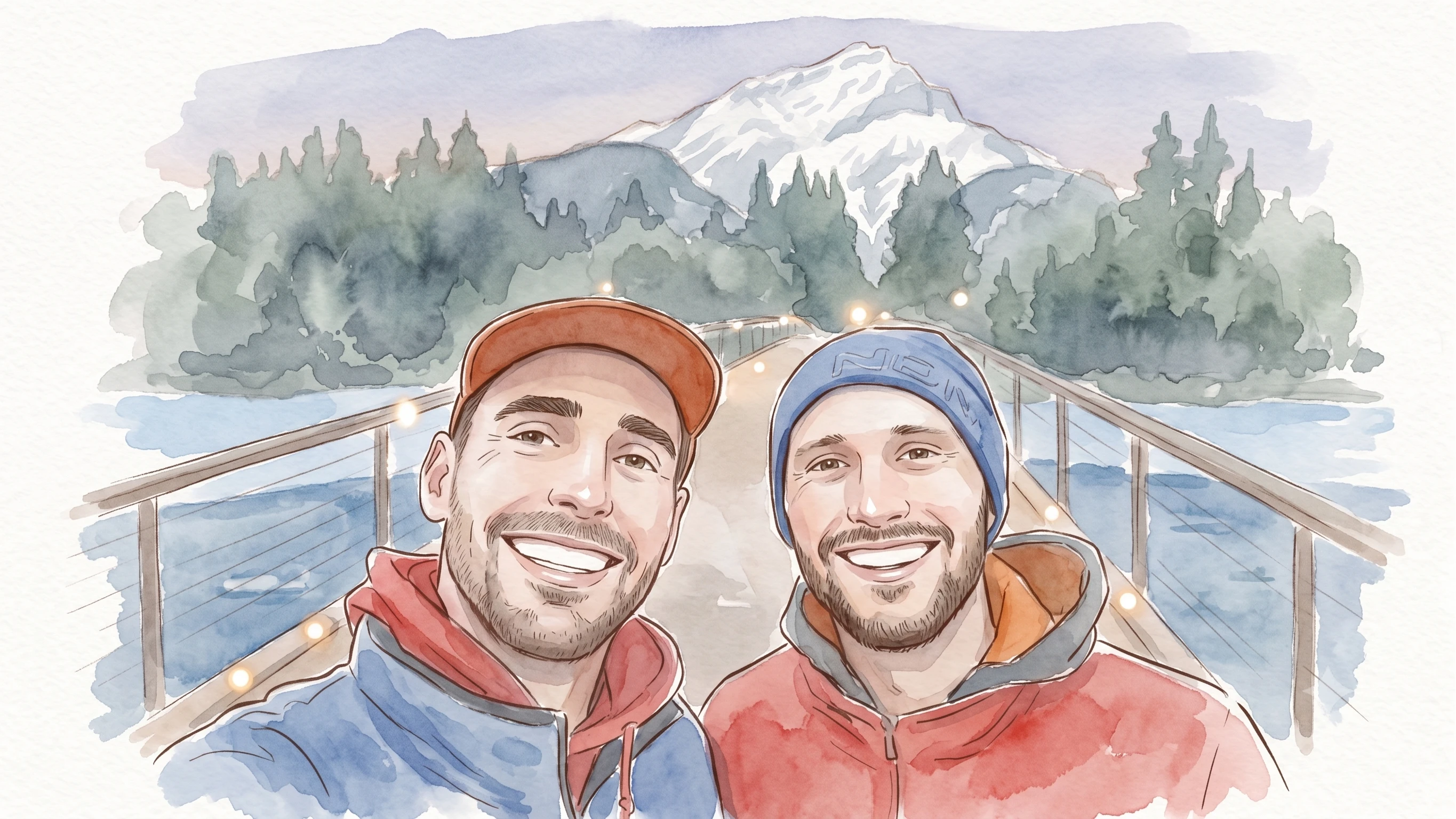Watercolor of Joe and Blaine in Banff.