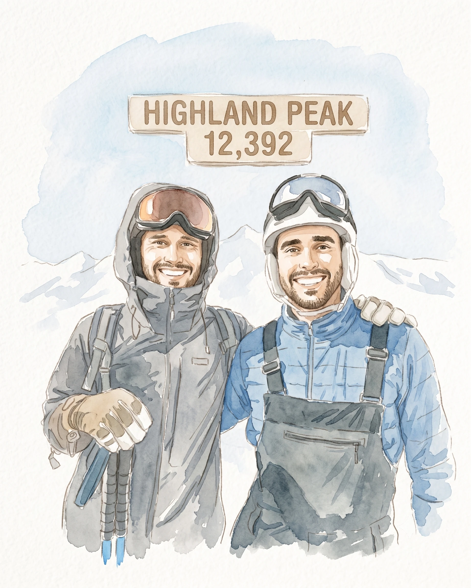 Watercolor of Joe and Blaine at Highland Peak.