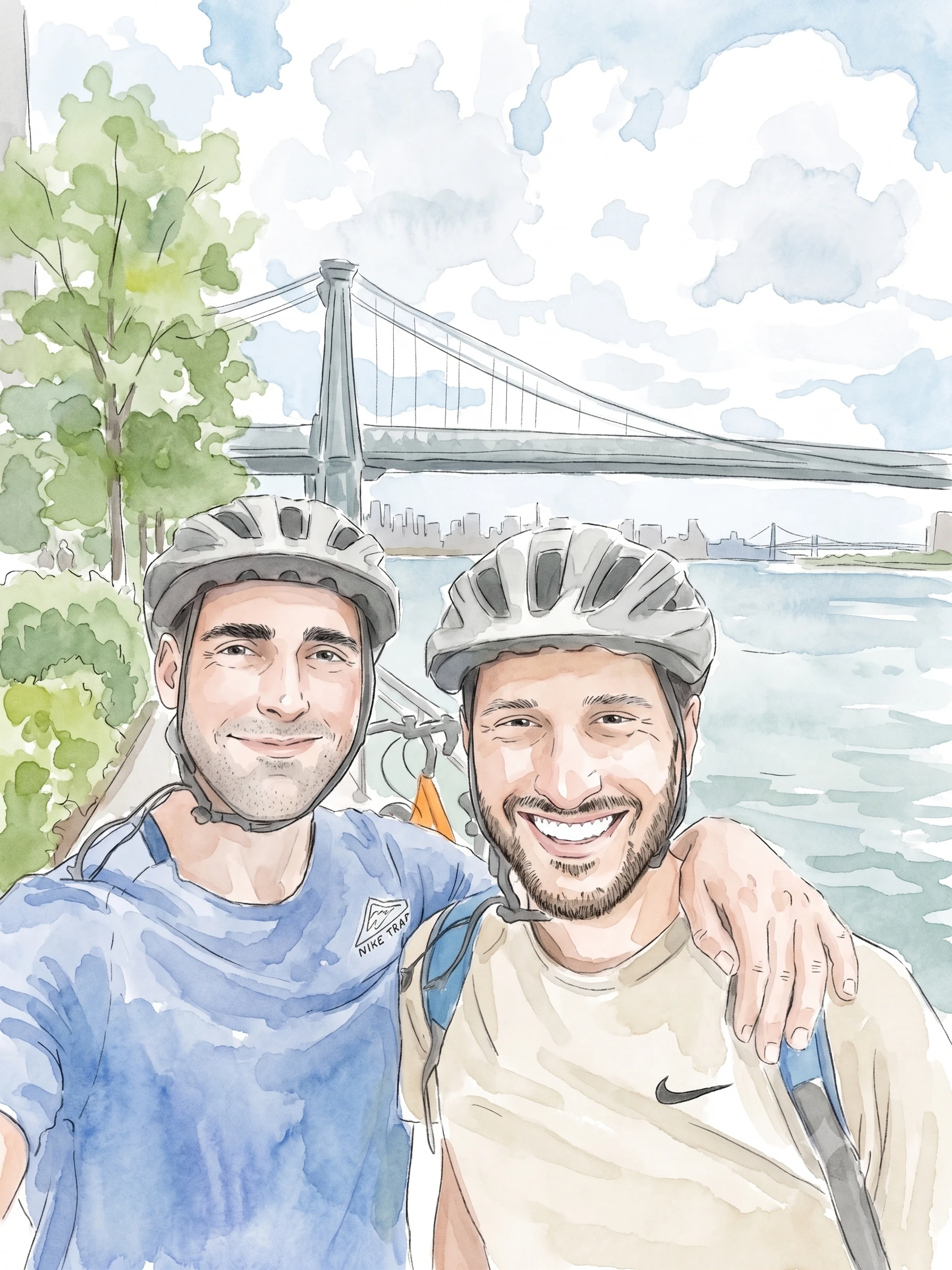 Watercolor of Joe and Blaine in New York City.